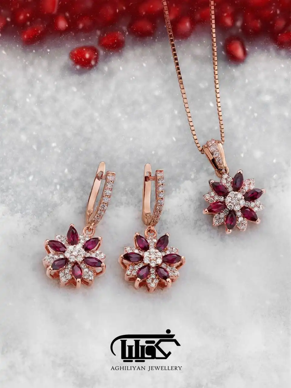 marquise-ruby-flower-set-3562 نیم ست مارکیز فلاور یاقوت قرمز با نگین برلیان 3562 با سنگهای یاقوت سرخ مارکیز و الماس برلیان روی پایه طلای رزگلد شامل گردنبند و گوشواره